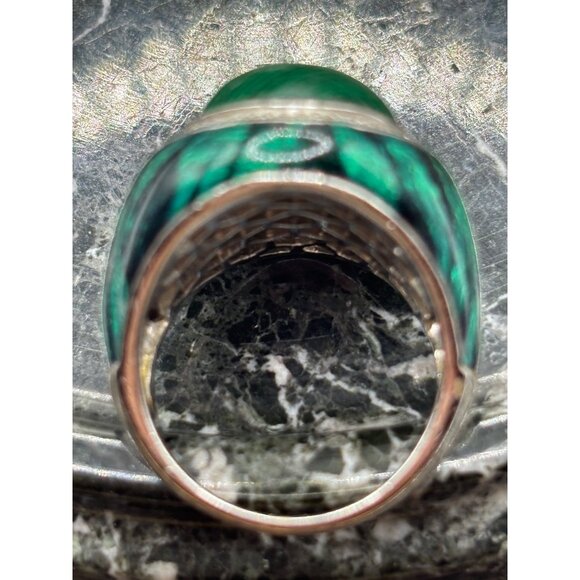 Sterling Silver 925 Malachite Centerstone Ring With Diamond Halo - Picture 8 of 9